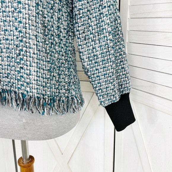 Zara Tweed Fringe Hem Mock Neck Shirt Teal White Large Crop - Picture 6 of 12